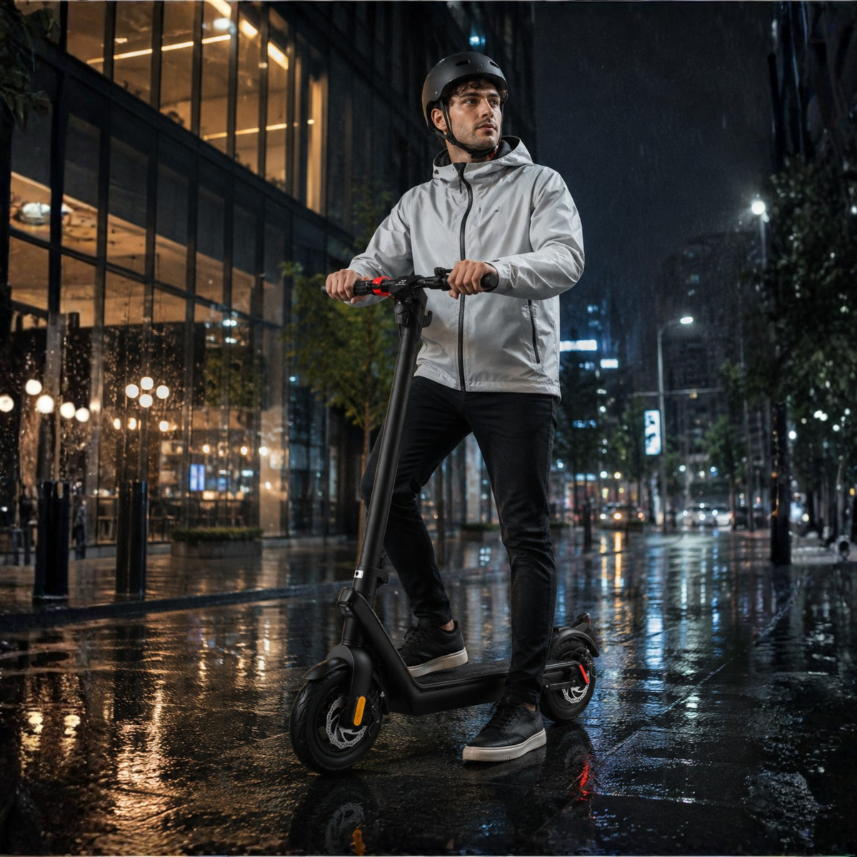Man står med HX X9 Pro Max elsparkcykel i kvällsmiljö