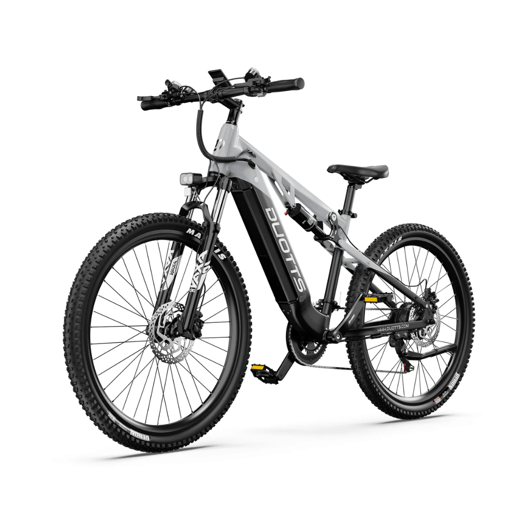 Duotts E29 elmountainbike snett framifrån i färgen grå