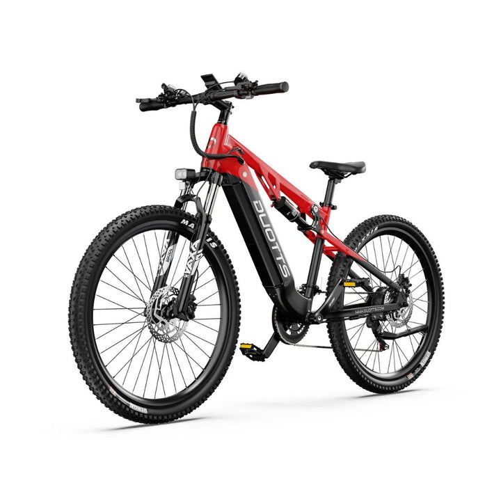 Duotts E29 elmountainbike snett framifrån i färgen röd