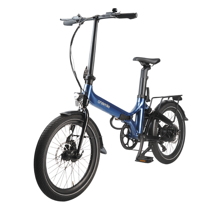 Onemile E1P hopfällbar elcykel snett framifrån i färgen blå