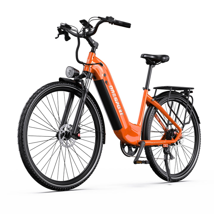 OneSport OT05 Pro elcykel snett framifrån från motsatt sida i färgen orange