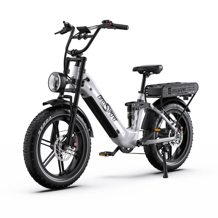 OneSport OT08 Pro fatbike-elcykel snett framifrån i färgen vit
