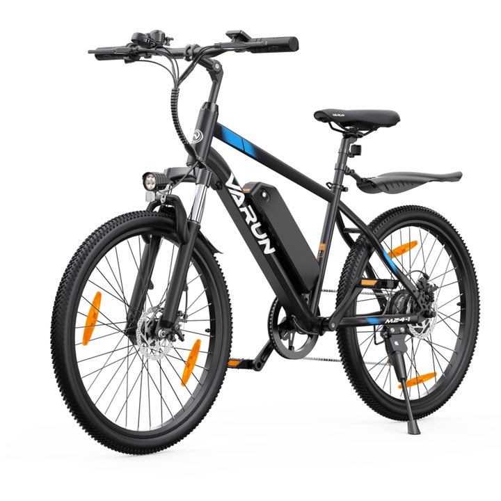 VARUN M24-1 elmountainbike snett framifrån i färgen svart