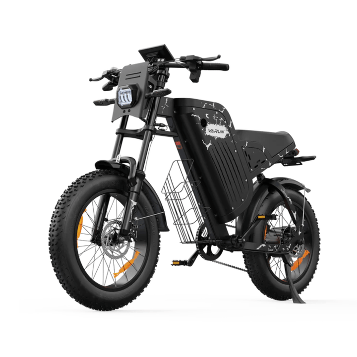 VARUN X-Plorer Raptor fatbike-elcykel snett framifrån i färgen svart