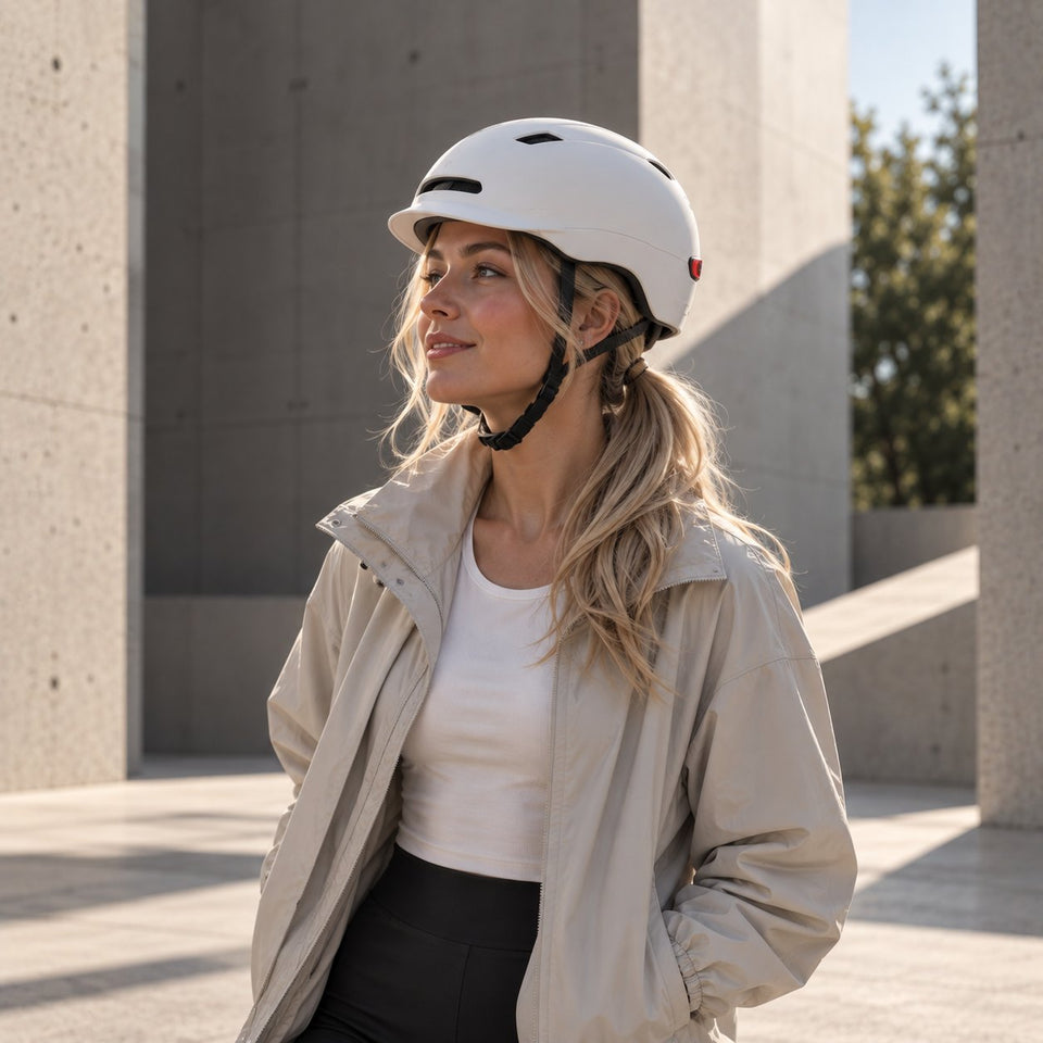 Tillbehör från Wheelyshop – cyklist med vit hjälm i stadsmiljö