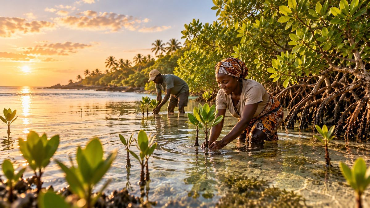 Lokala plantörer sätter mangroveplantor i grunt vatten på Kenyas kust i solnedgång – ett träd per beställning hos Wheelyshop