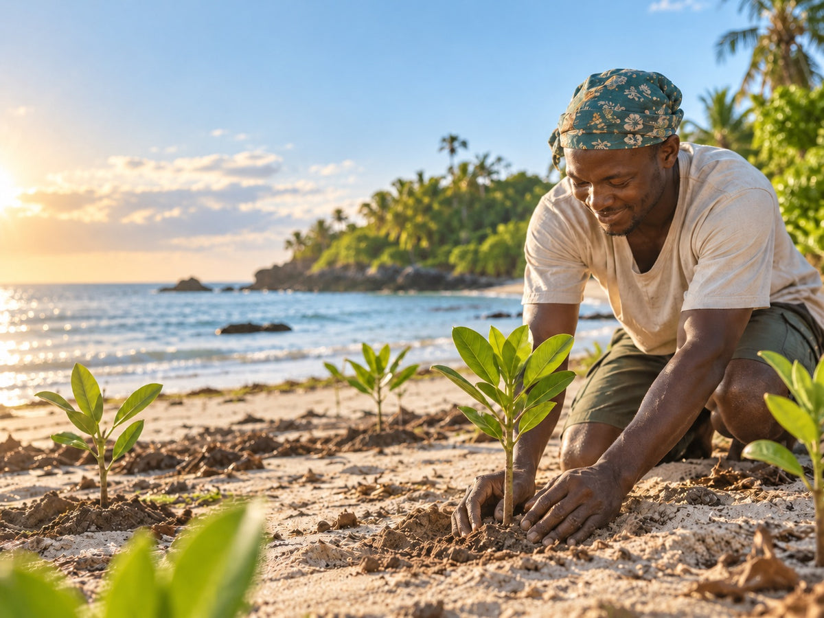 Lokal plantör sätter en mangroveplanta på Kenyas kust – ett träd per beställning hos Wheelyshop
