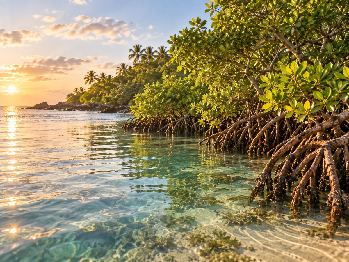 Uppvuxen mangroveskog på Kenyas kust med rötter i klart vatten och fisk i skydd – kusten växer tillbaka