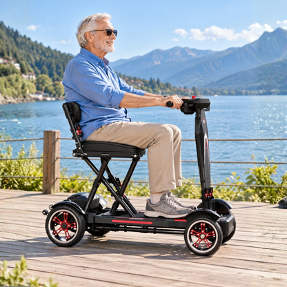 Äldre man sitter på EASWE M20 permobil vid en sjö
