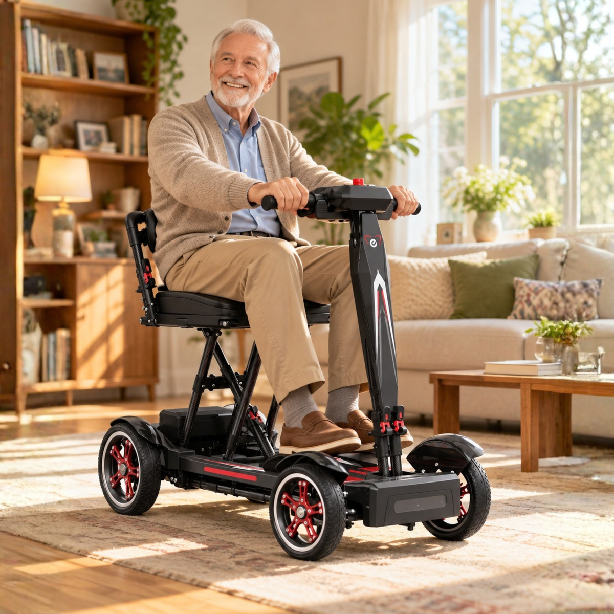 Äldre man sitter på EASWE M20 permobil inomhus