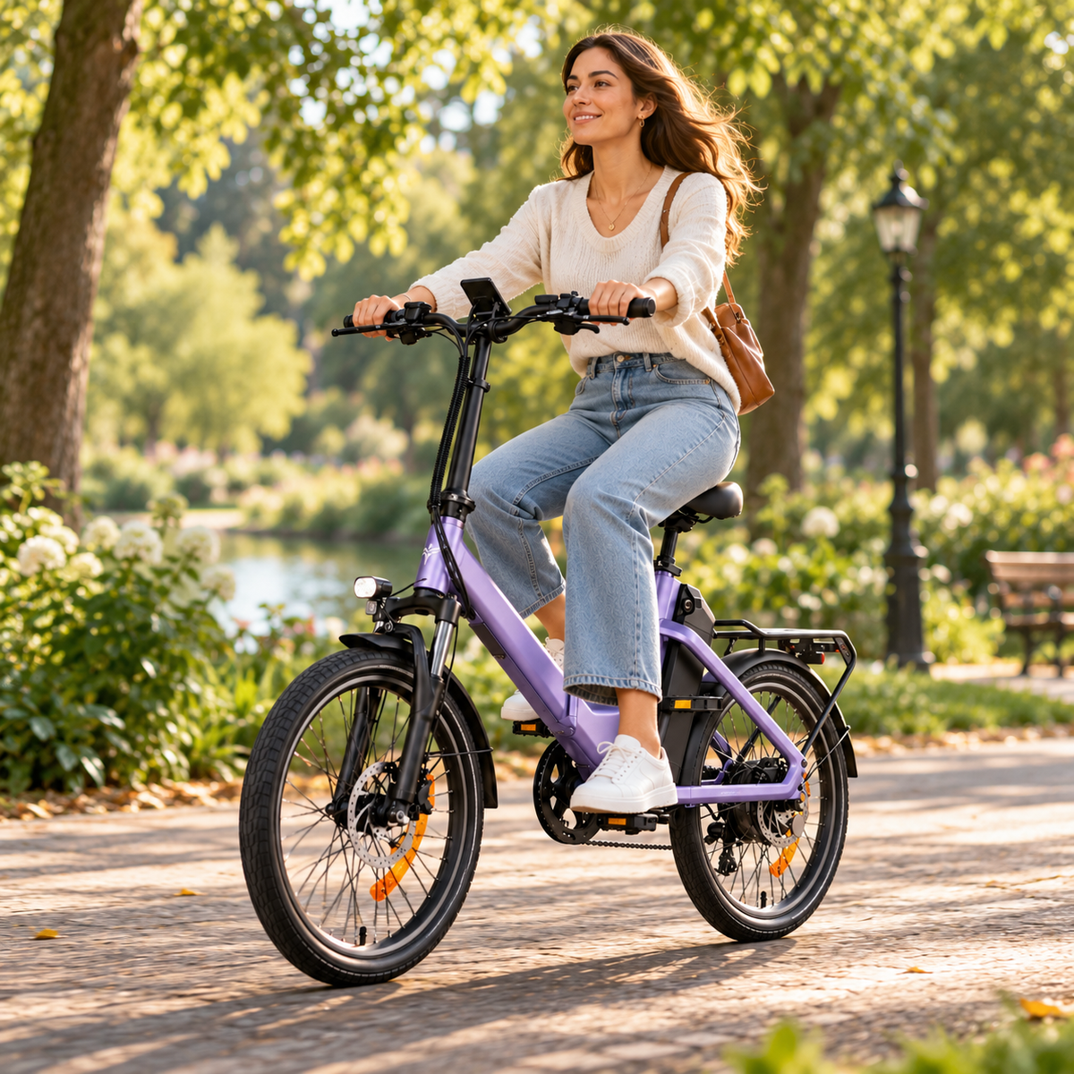 ENGWE O20 Boost, lila elcykel som en kvinna cyklar på en parkväg, sedd från sidan