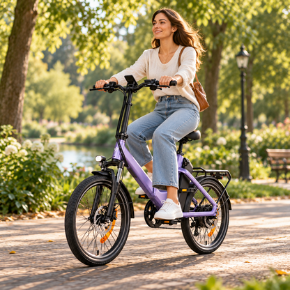 ENGWE O20 Boost, lila elcykel som en kvinna cyklar på en parkväg, sedd från sidan