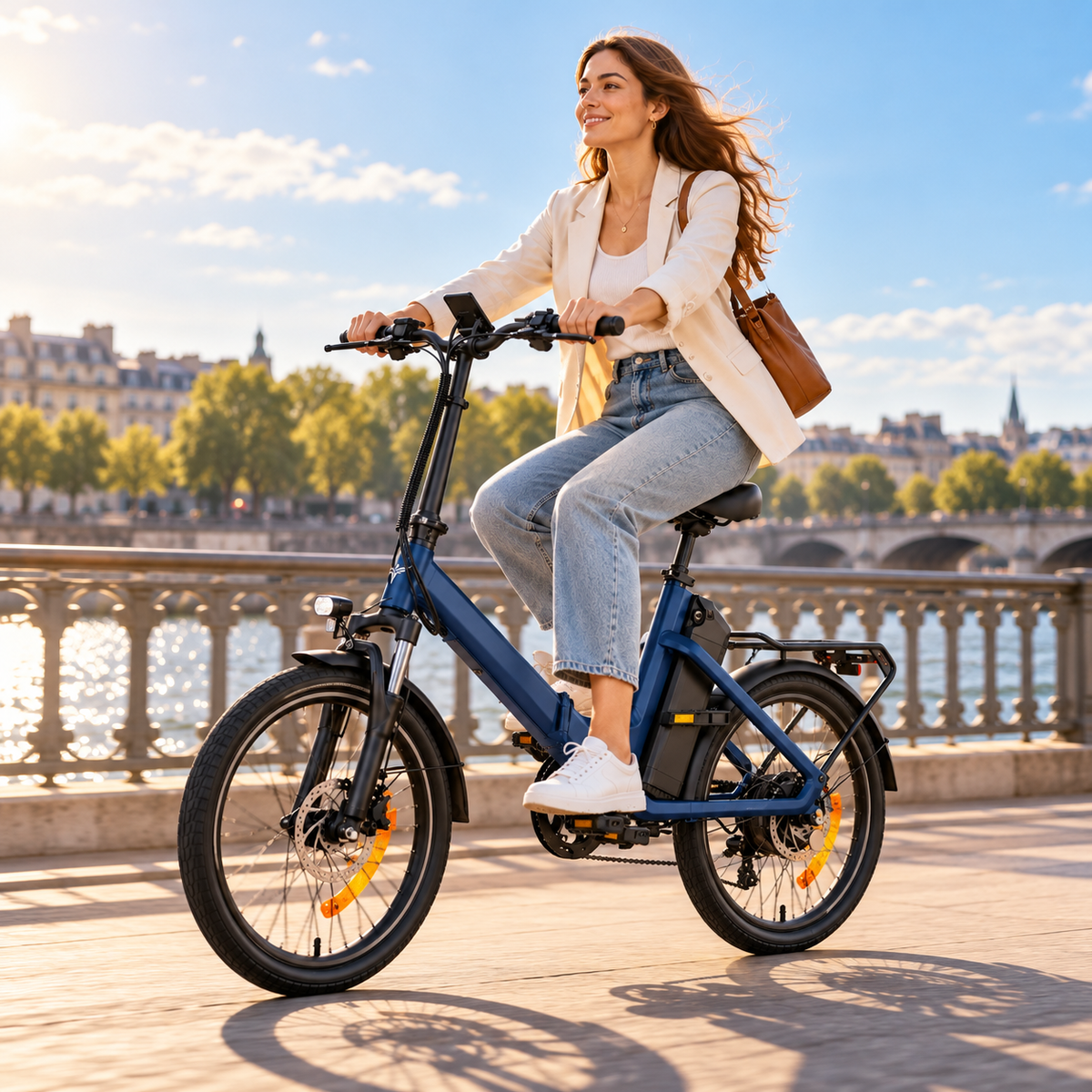 ENGWE O20 Boost, blå elcykel, sedd från sidan med en kvinna som cyklar vid en flod
