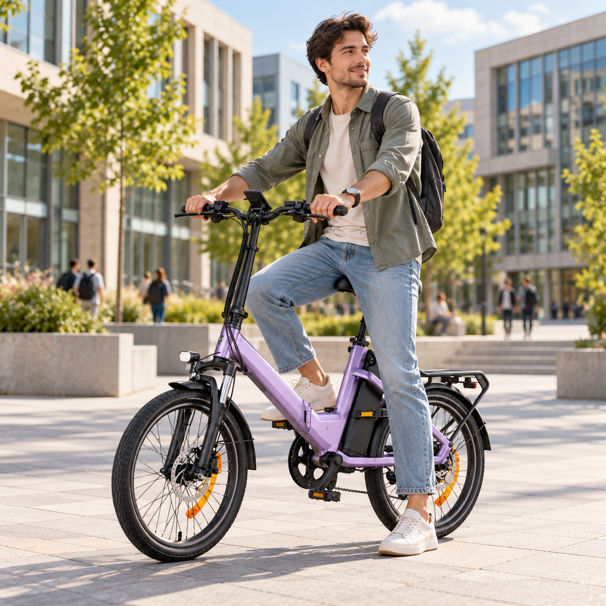 ENGWE O20 Boost, lila elcykel, sedd från sidan med en man som sitter på cykeln på ett torg