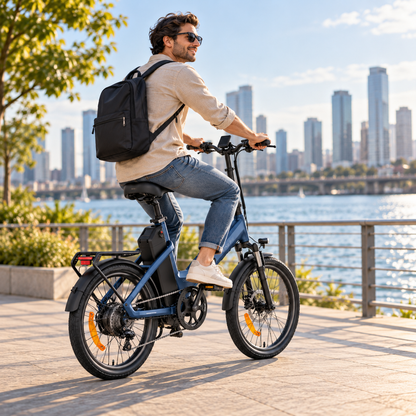 ENGWE O20 Boost: man med ryggsäck cyklar på en blå elcykel längs en strandpromenad med stadssiluett i bakgrunden