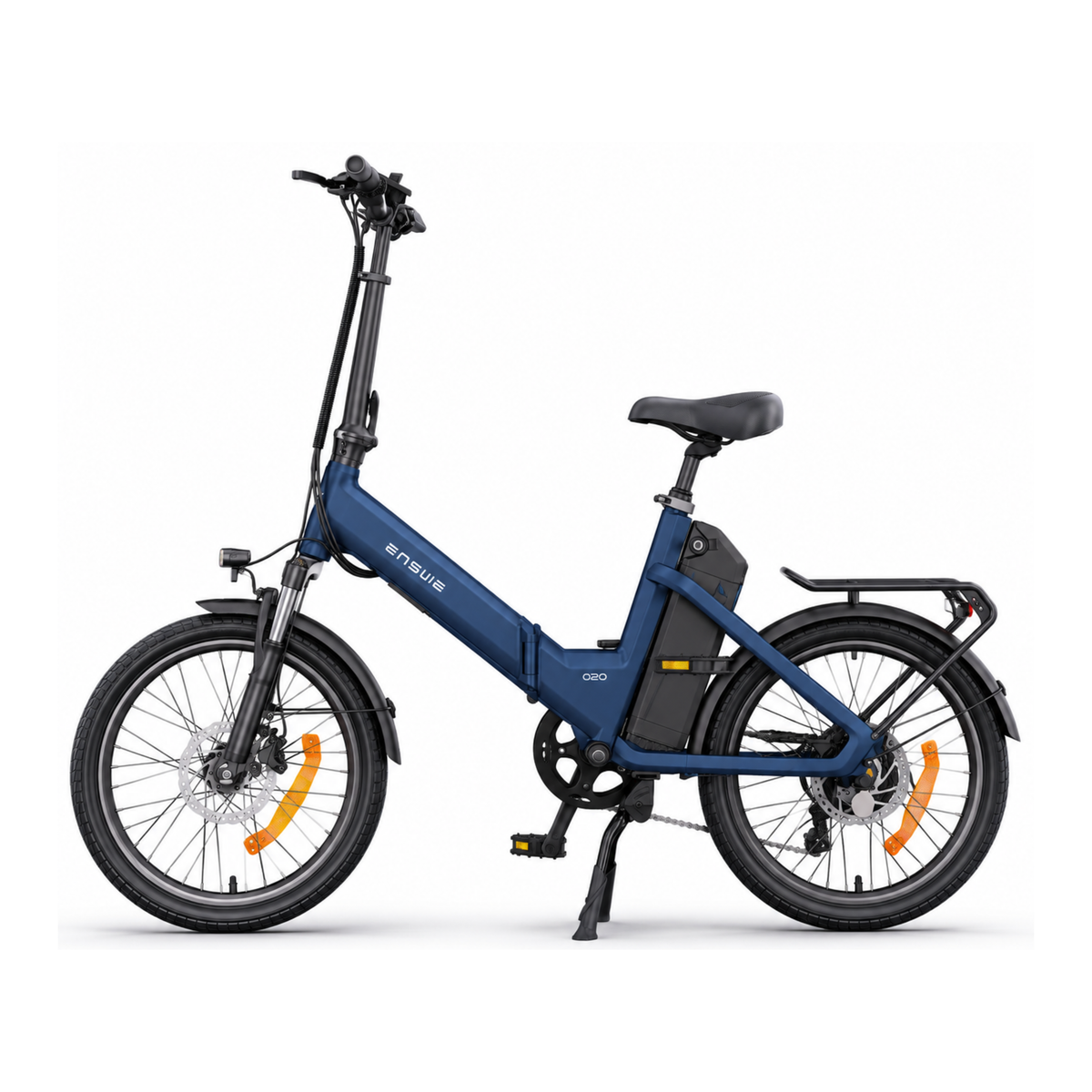 ENGWE O20 Boost elcykel, blå, sedd från sidan med batteri i ramen och pakethållare