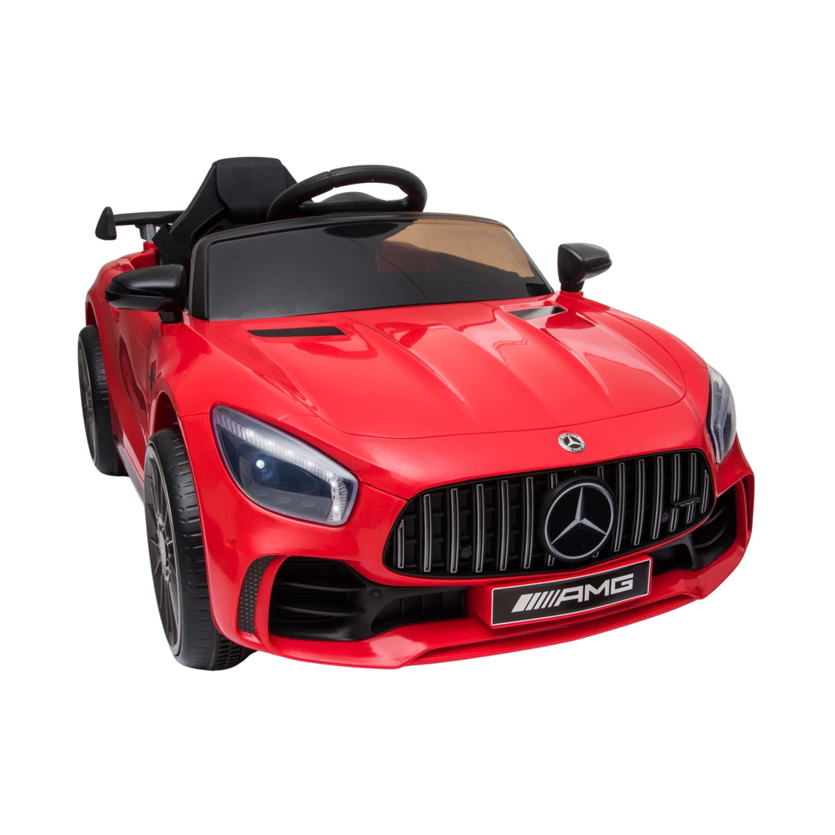 Mercedes AMG GT elbil för barn snett framifrån i färgen röd
