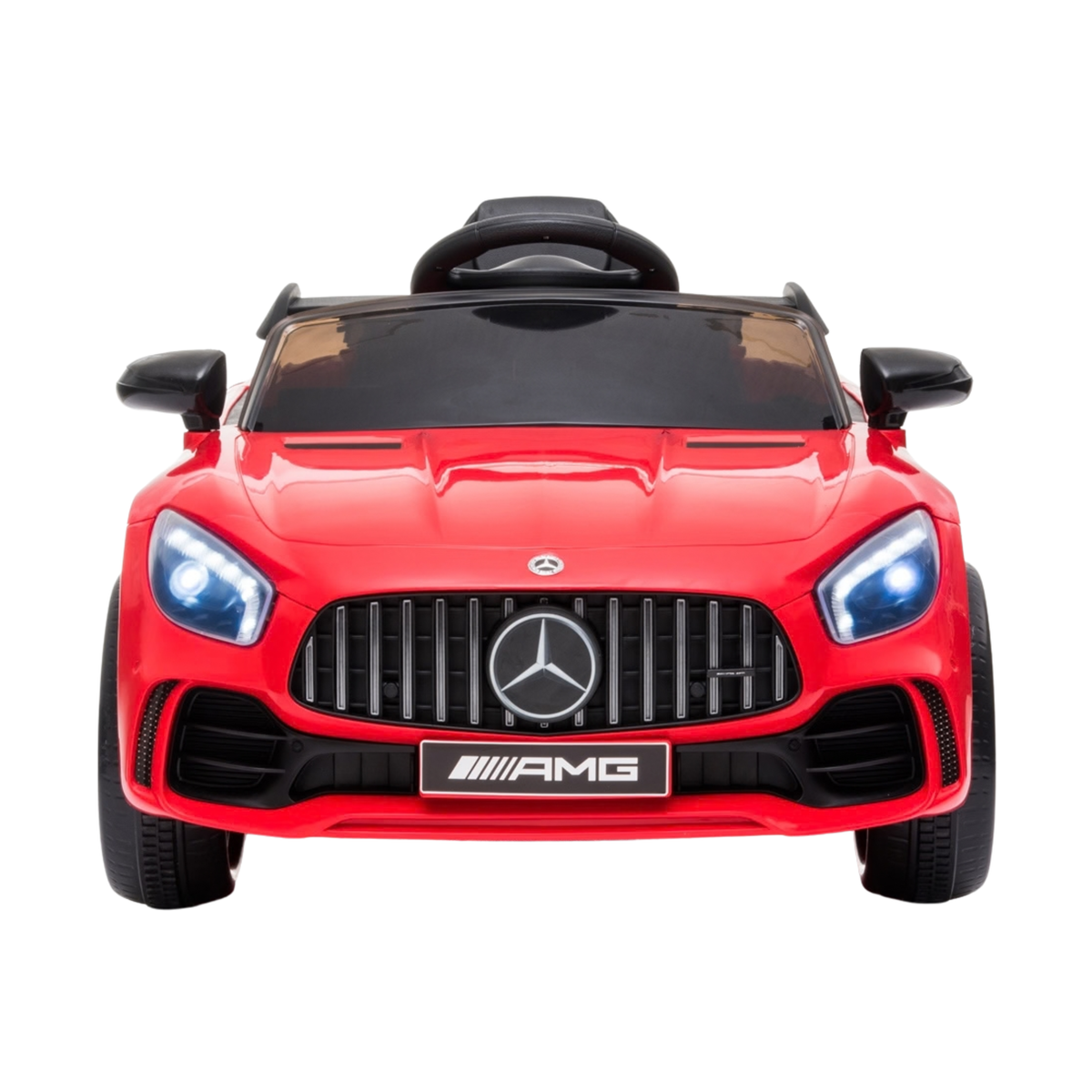 Mercedes AMG GT elbil för barn rakt framifrån i färgen röd