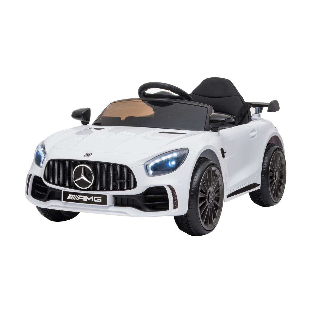 Mercedes AMG GT elbil för barn snett framifrån i färgen vit