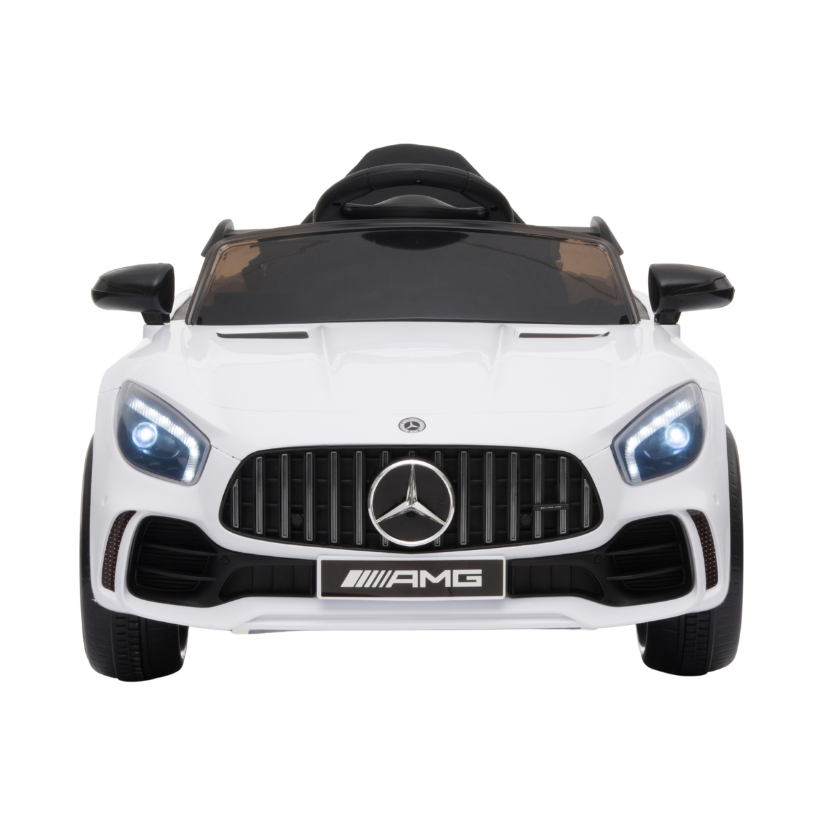 Mercedes AMG GT elbil för barn rakt framifrån i färgen vit