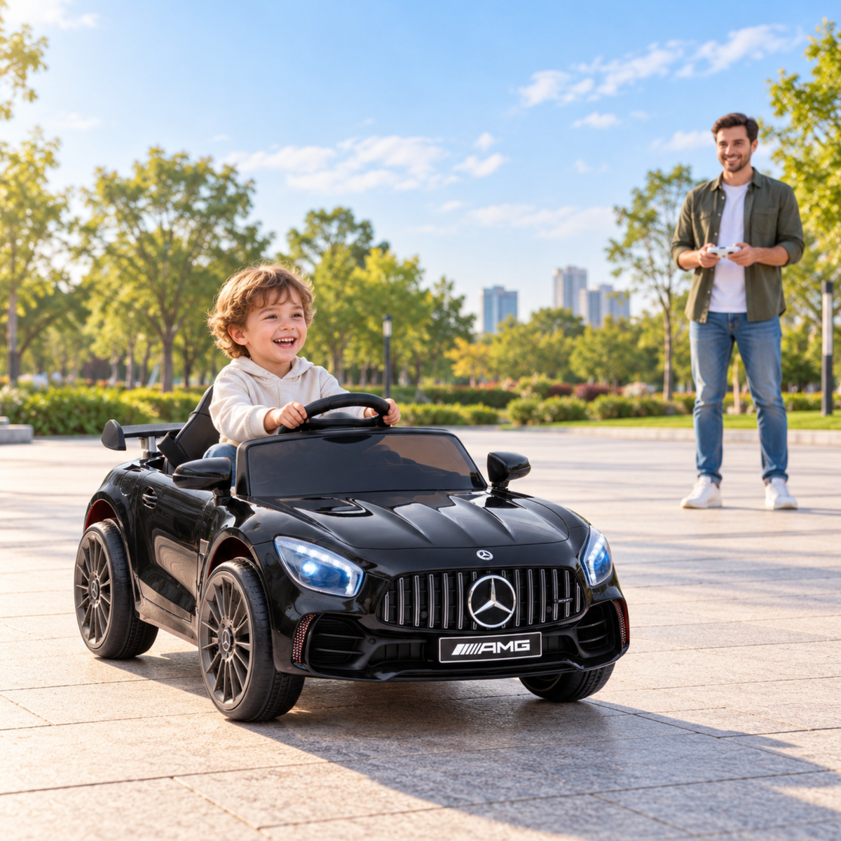 Barn kör Mercedes AMG GT elbil för barn med en vuxen bredvid i färgen svart
