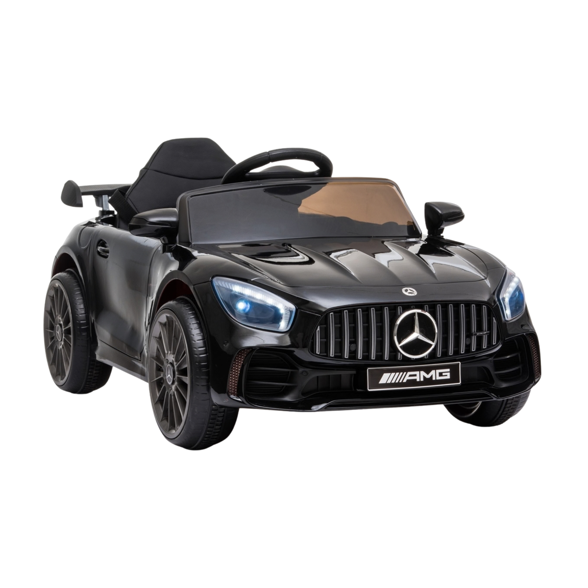 Mercedes AMG GT elbil för barn snett framifrån i färgen svart