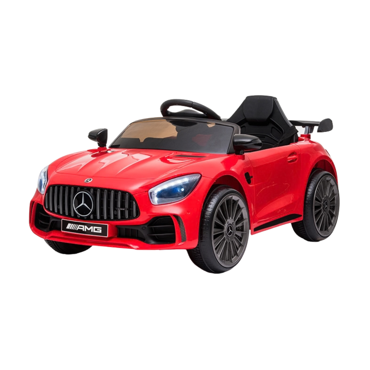 Mercedes AMG GT elbil för barn snett framifrån i färgen röd