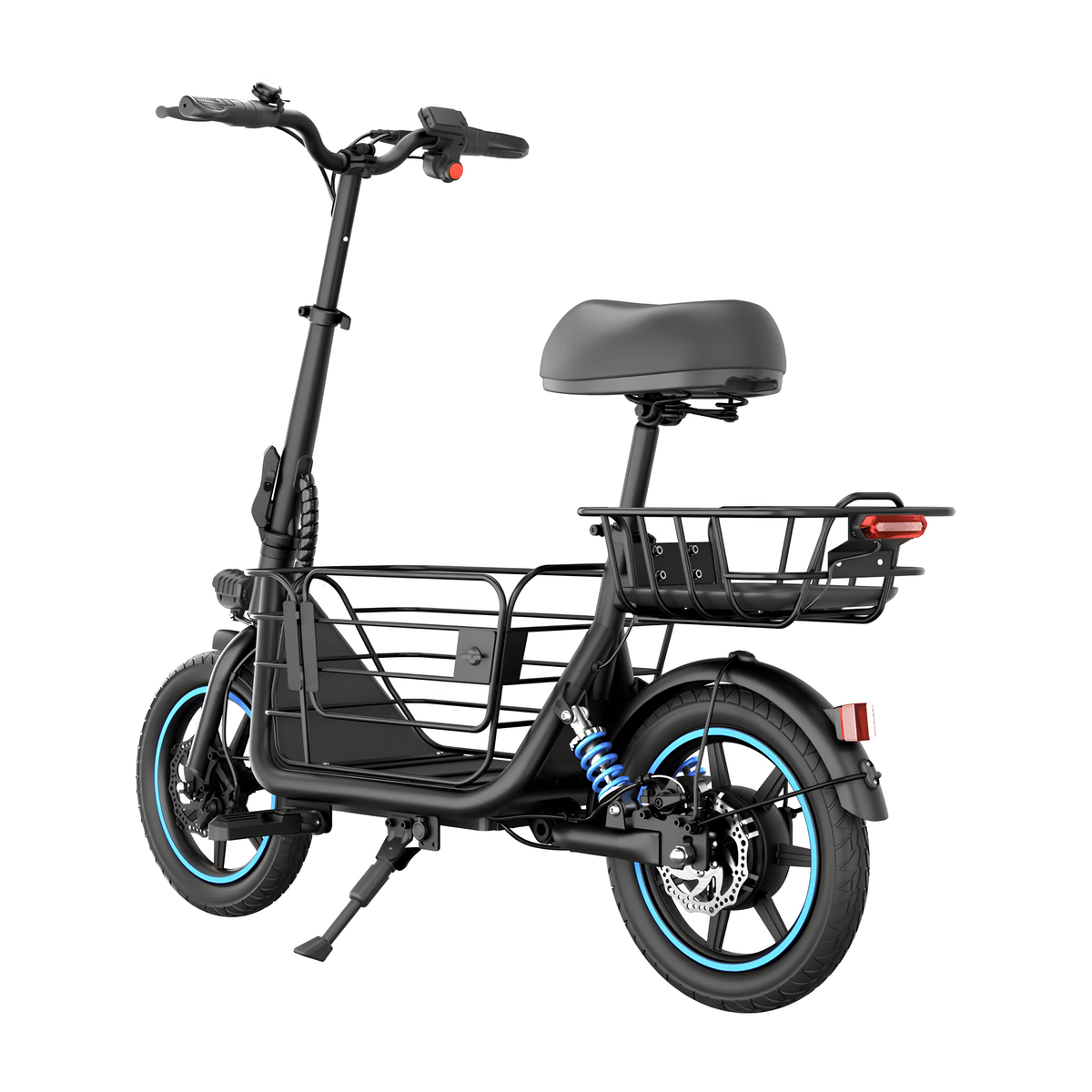 GYROOR C1 Plus sedd snett bakifrån med svart ram, sadel, bagagekorgar, blå stötdämpare och sidoställ