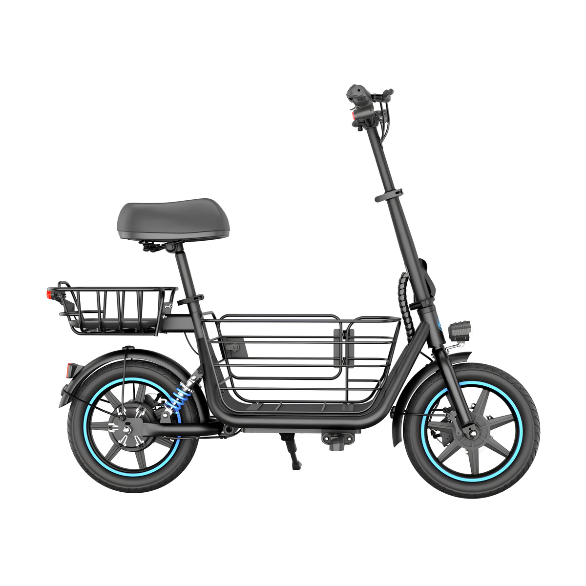 GYROOR C1 Plus sedd från sidan med sits, bakre korg, främre korg och blå detaljer på hjulen