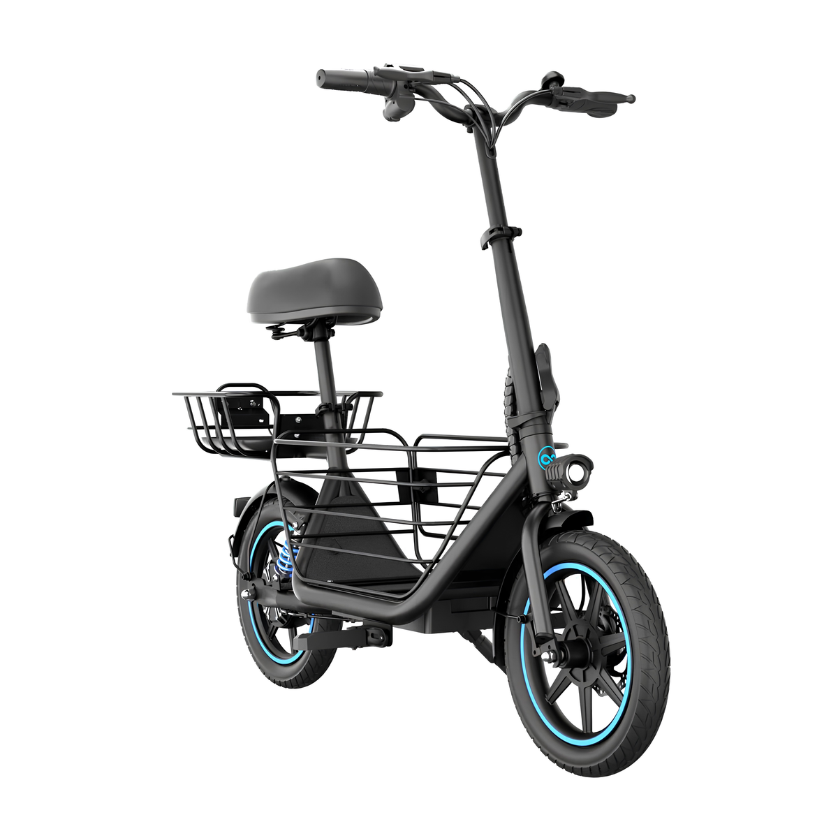 GYROOR C1 Plus sedd snett framifrån med sadel, korgar fram och bak samt blå detaljer på hjulen