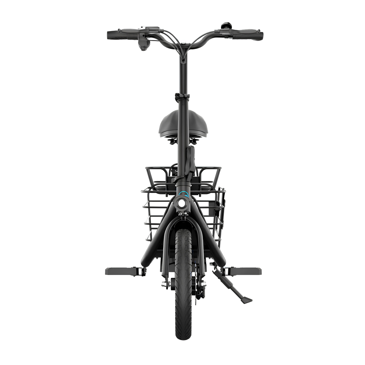 GYROOR C1 Plus sedd rakt framifrån med styre, sadel, korg, pedaler och sidstöd