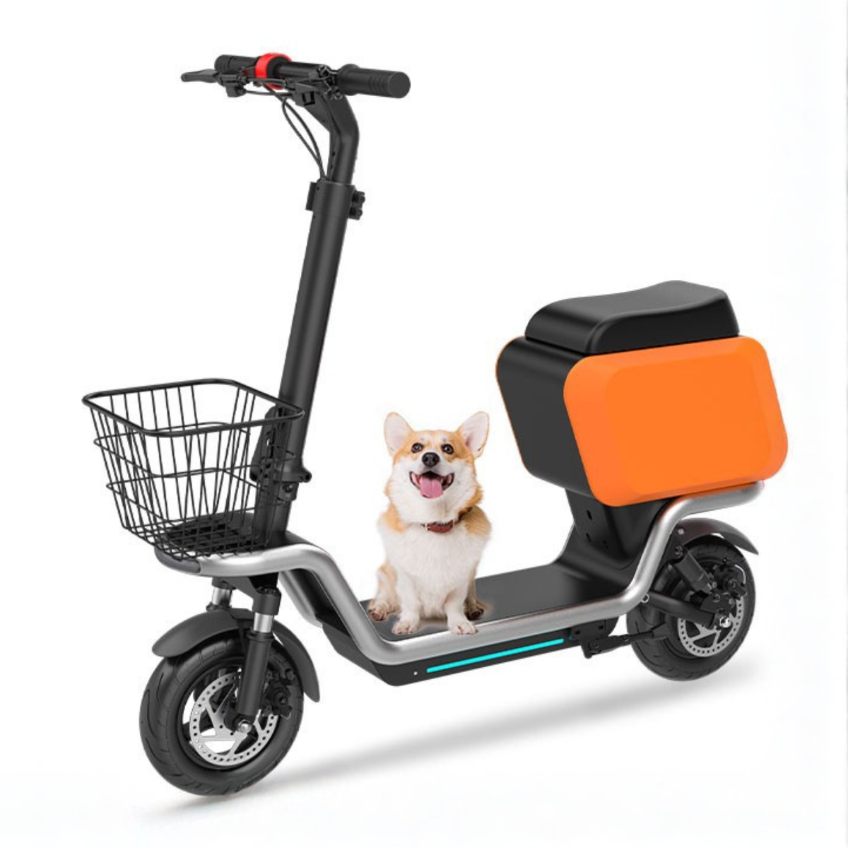 HX S20 elsparkcykel snett framifrån med en hund