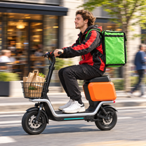 Man som kör HX S20 elsparkcykel sittande på en gata