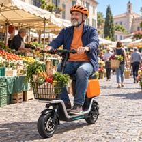 Man som kör HX S20 elsparkcykel sittande i stadsmiljö