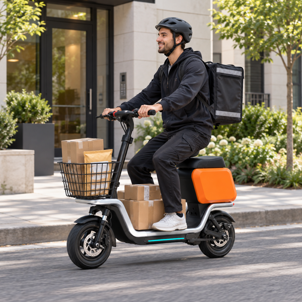 Man som kör HX S20 elsparkcykel sittande i stadsmiljö