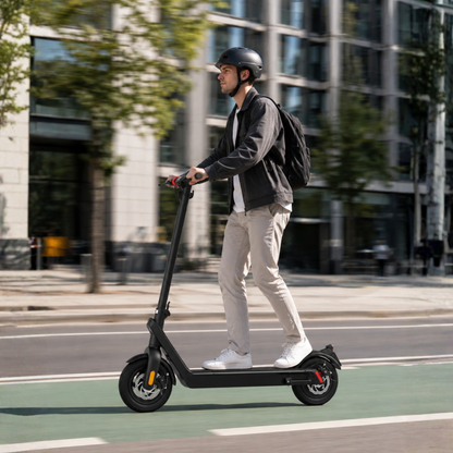 Man som kör HX X9 Pro Max elsparkcykel i stadsmiljö
