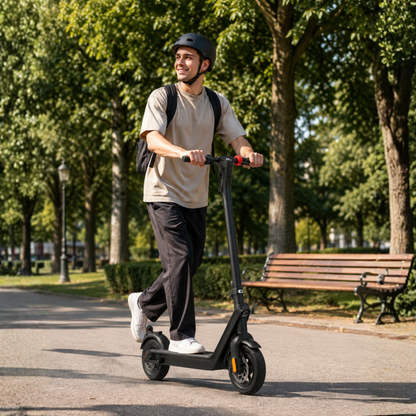 Man som kör HX X9 Pro Max elsparkcykel i en park
