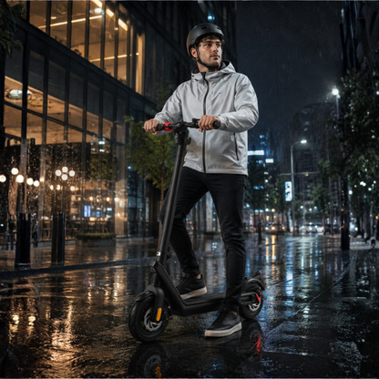 Man står med HX X9 Pro Max elsparkcykel i kvällsmiljö