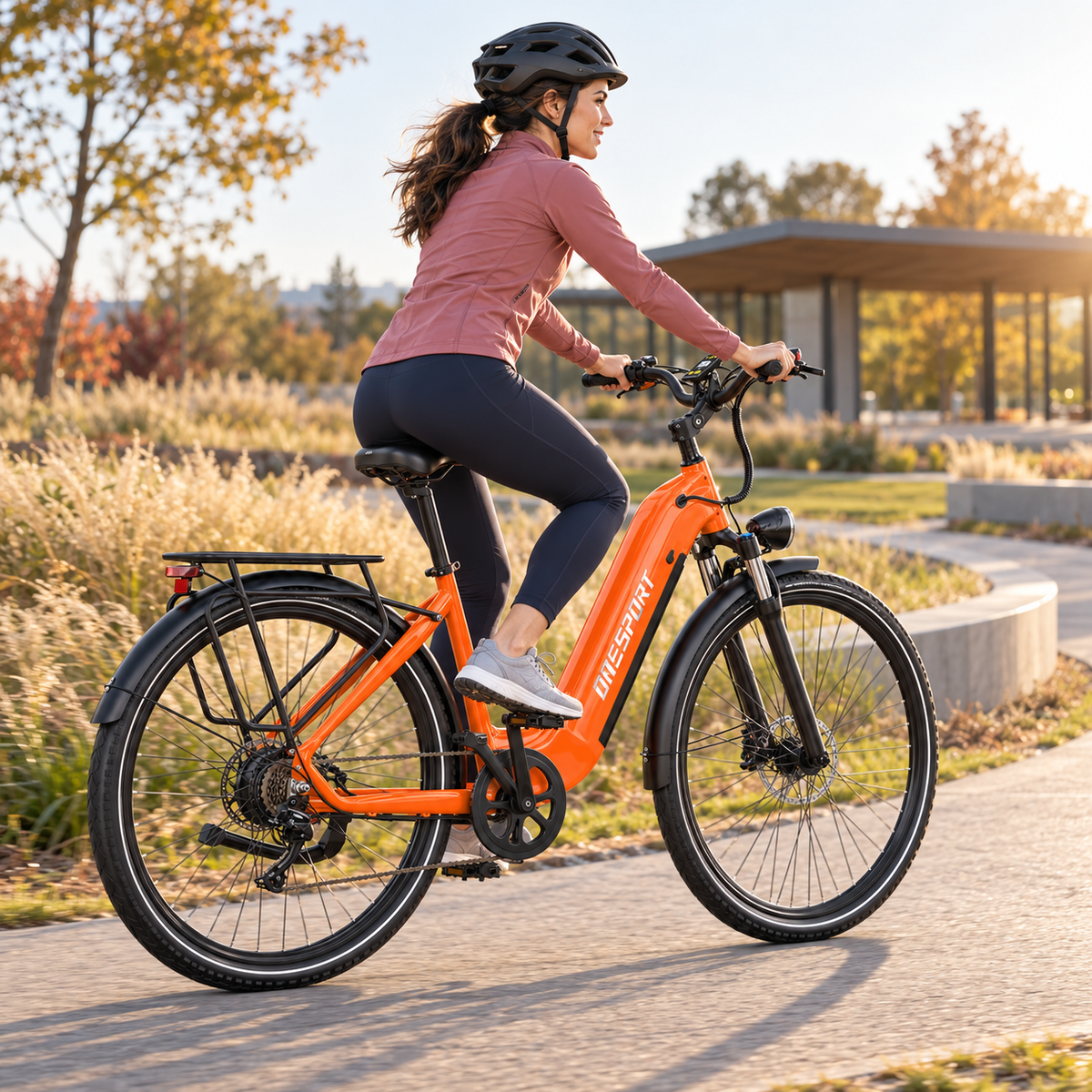 Kvinna cyklar orange OneSport OT05 Max på en gångväg i en park