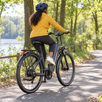 Kvinna cyklar grå OneSport OT05 Max på en skogsväg bredvid en sjö