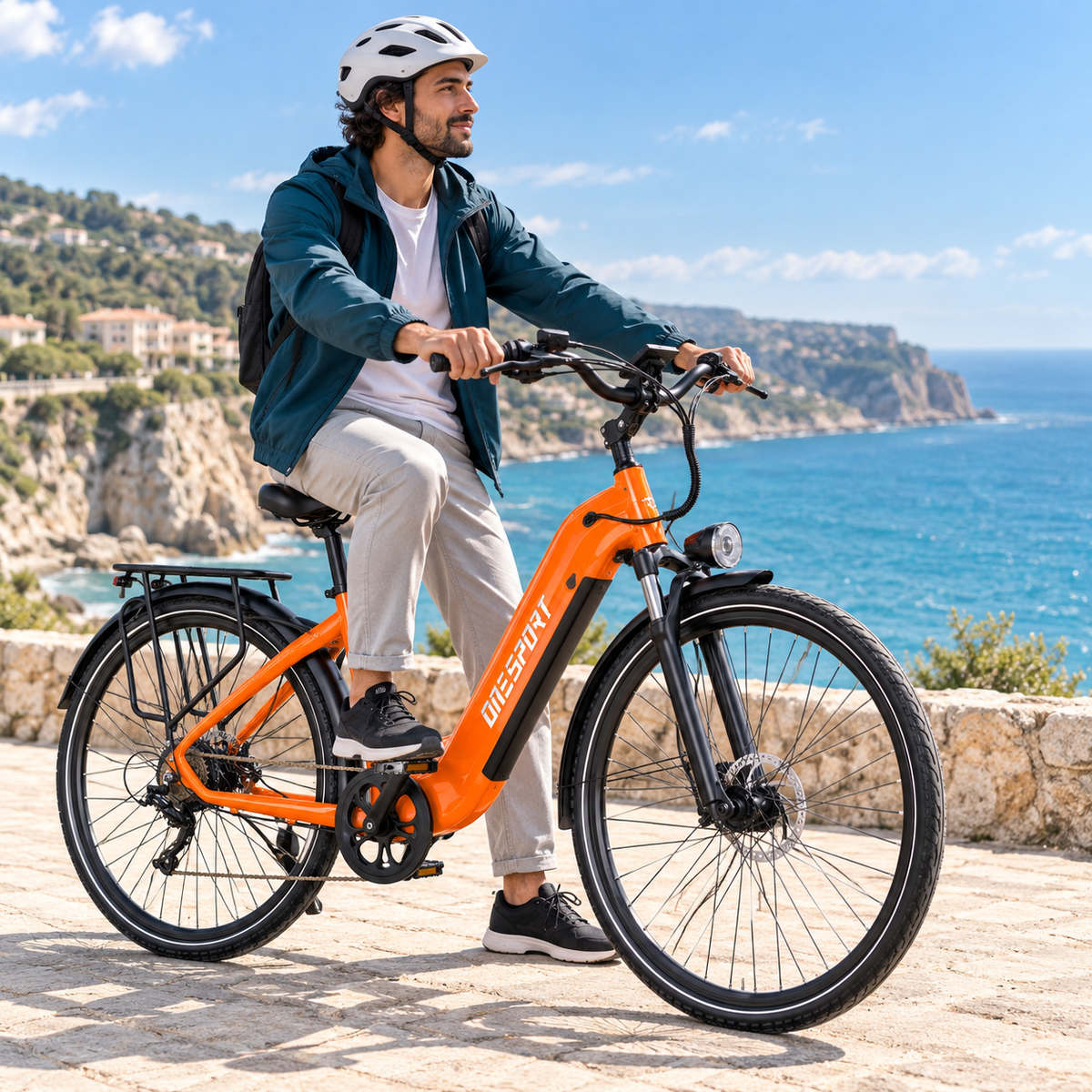Man sitter på orange OneSport OT05 Max vid havet med klippor i bakgrunden