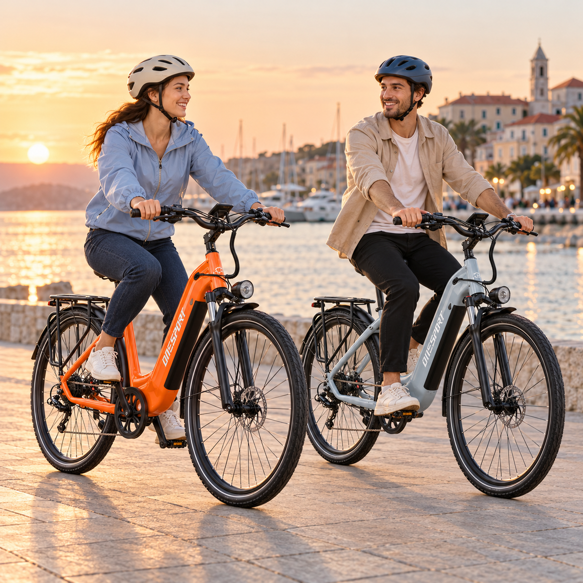 Två personer cyklar en orange och en ljusgrå OneSport OT05 Max på en kaj i solnedgången