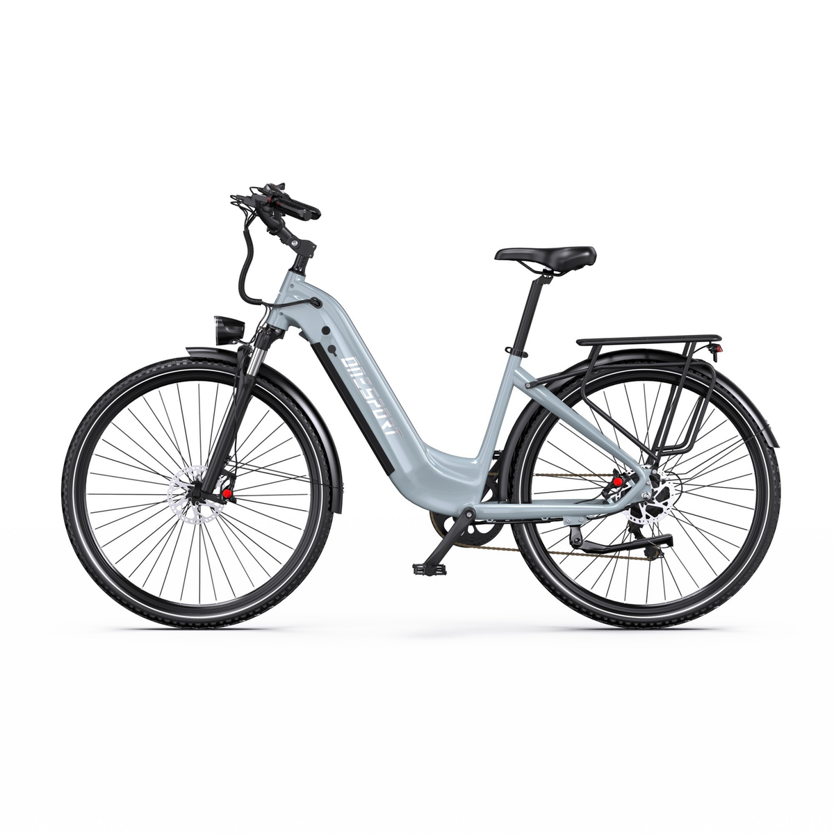 OneSport OT05 Max grå elcykel med lågt insteg, sedd rakt från sidan