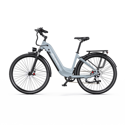 OneSport OT05 Max grå elcykel med lågt insteg, sedd rakt från sidan