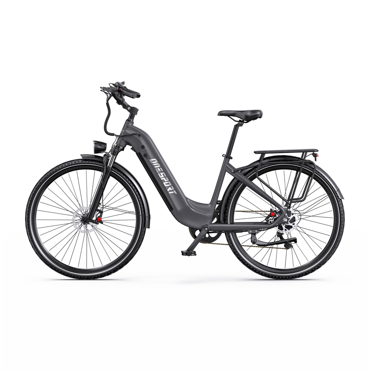 OneSport OT05 Max grå elcykel med lågt insteg i sidovy från vänster, med pakethållare och skärmar