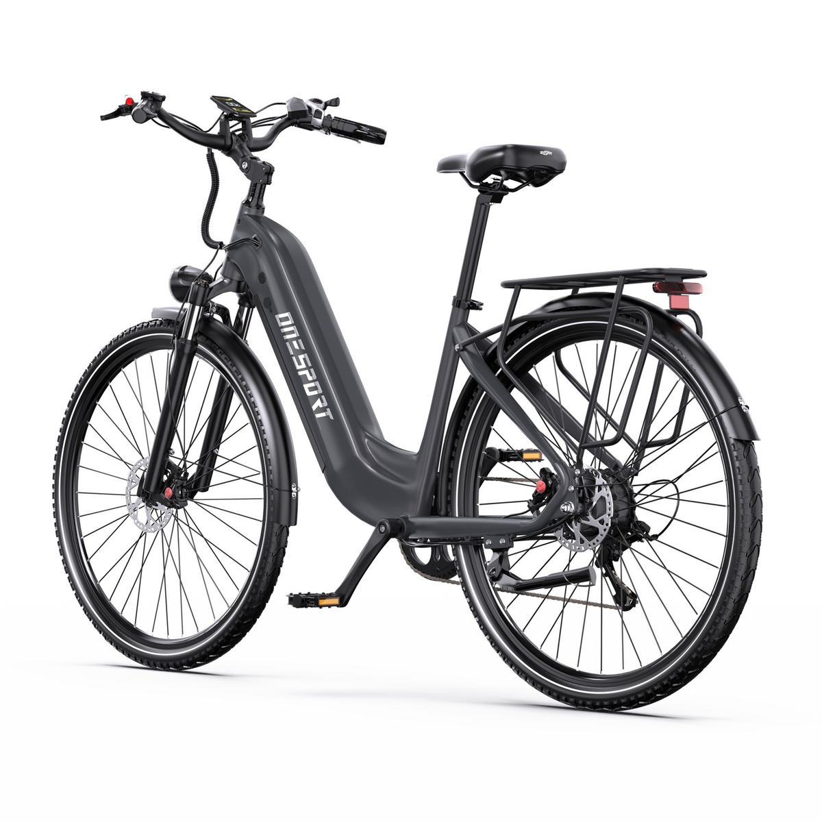OneSport OT05 Max grå elcykel sedd snett framifrån med styre, display, sadel och pakethållare