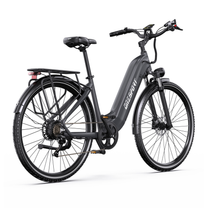 OneSport OT05 Max grå elcykel sedd snett bakifrån med pakethållare, baklykta och kedja