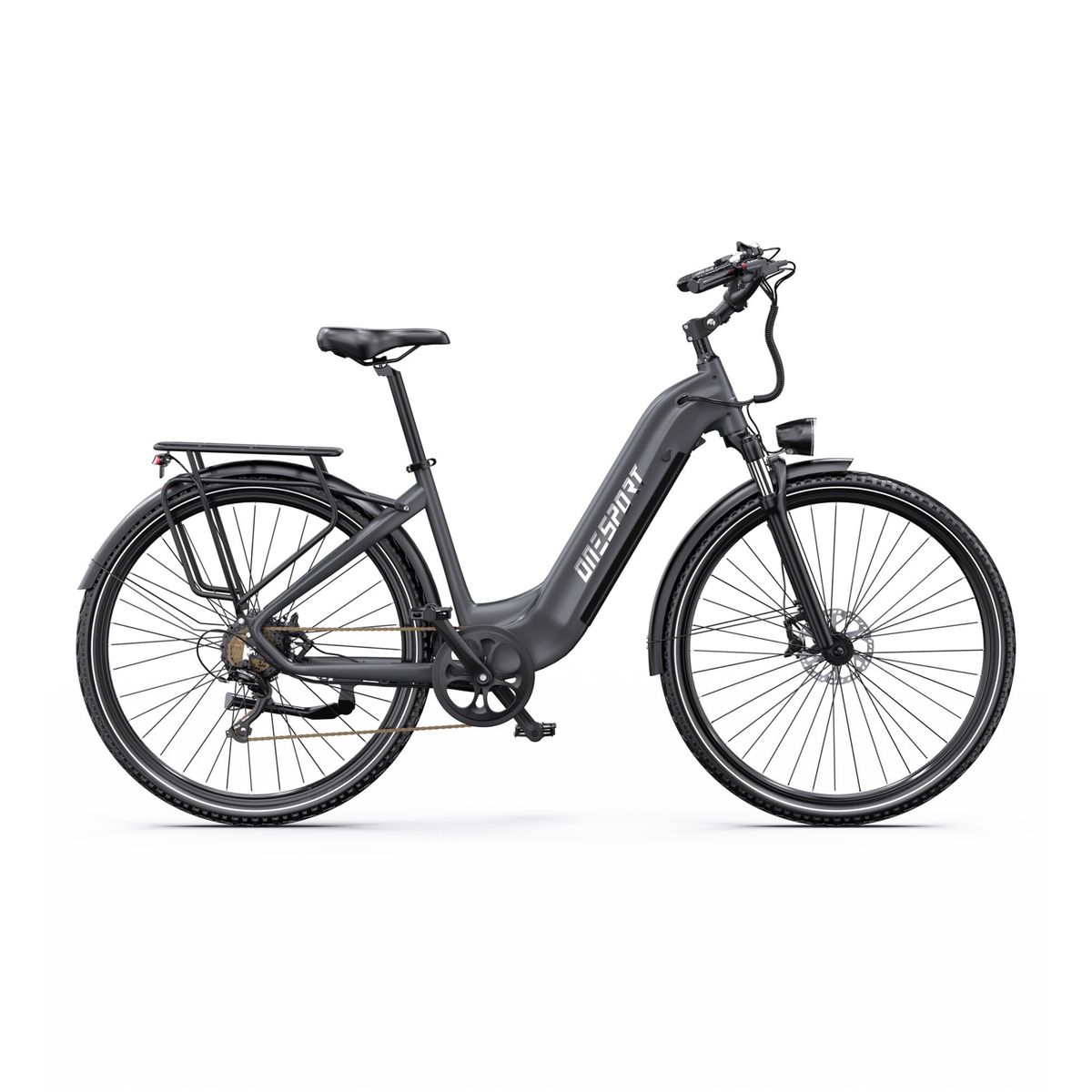 OneSport OT05 Max grå elcykel med lågt insteg i sidovy från höger, med pakethållare och skärmar