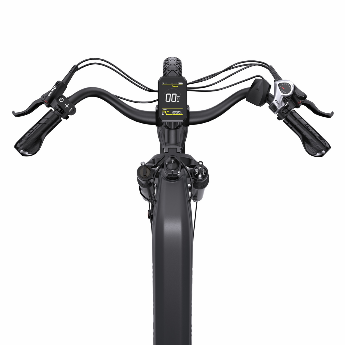 OneSport OT05 Max styre uppifrån med display, bromshandtag, växelreglage och ergonomiska handtag