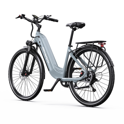 OneSport OT05 Max grå elcykel snett bakifrån med pakethållare, baklykta och sadel